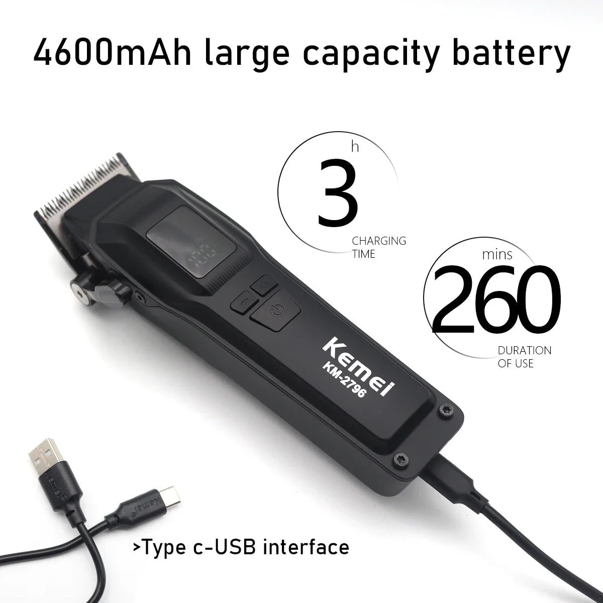 Kemei KM-2796 Professional Hair Clipper – Brushless Motor, DLC Blade, 9000RPM