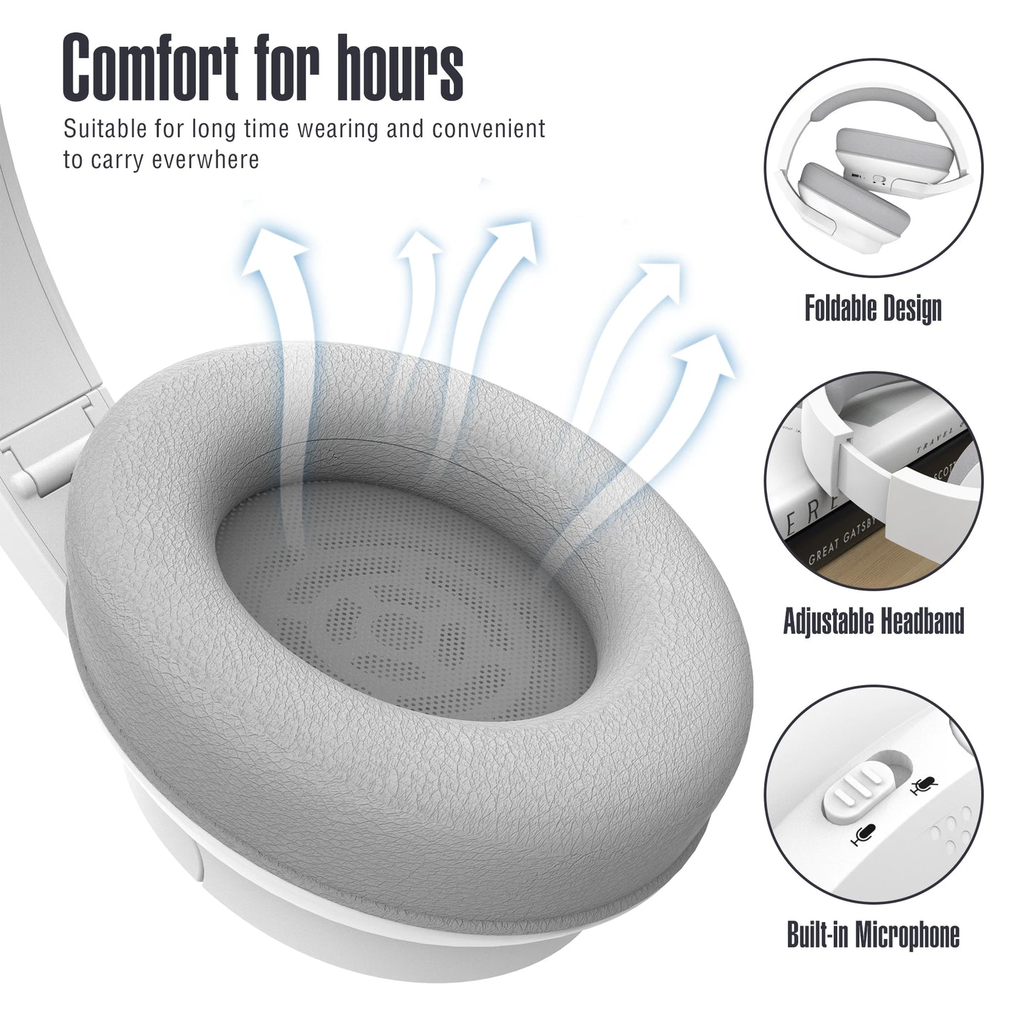 Bluetooth Wireless Over-Ear Headphones with 48H Playtime and with Microphone, HiFi Stereo Foldable Lightweight for de