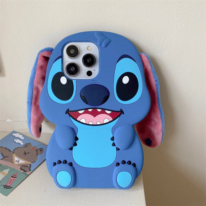 For iPhone 16 promax 15 14 Pro Max 13 12 11 Cases So Cute 3D Cartoon Stitch Phone Case Soft Silicone Fur Plush Ear Strap