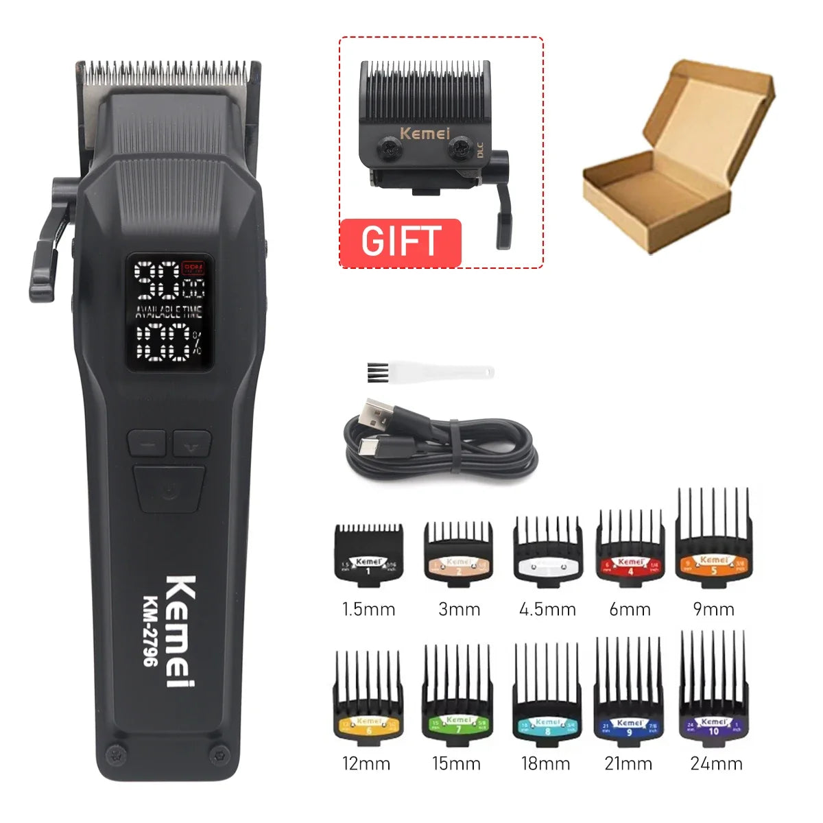 Kemei KM-2796 Professional Hair Clipper – Brushless Motor, DLC Blade, 9000RPM