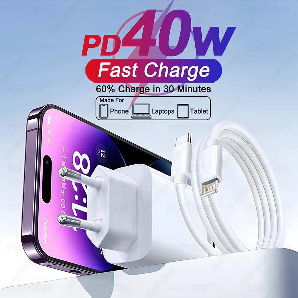 PD 40W Fast Charger For iPhone 11 12 13 14 15 16 Pro Max XR X XS 8 Plus USB C Fast Cable Plug Phone Accessories