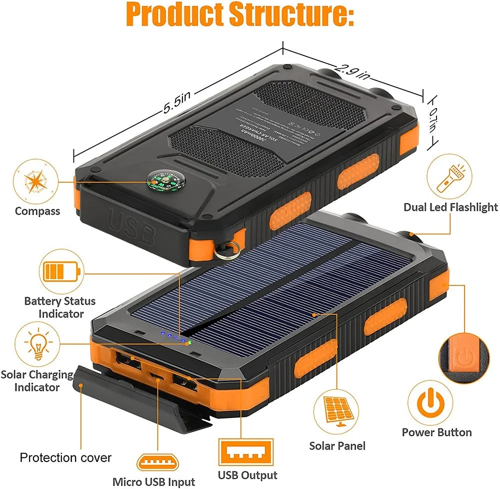 Solar Power Bank 80000mAh Portable External Battery Charger Strong Light LDE Light for All Smartphones