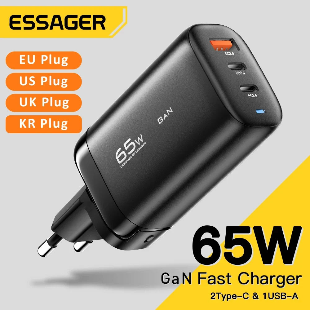 Essager 65W GaN USB Type C Charger For Laptop PPS 45W 25W Fast For Samsung Xiaomi Realme mobile iPhone15 14 13 Pro Phone