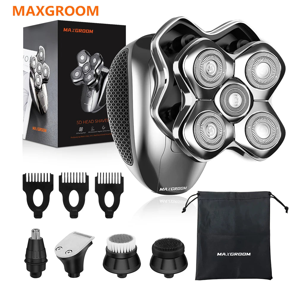 MAXGROOM 5D Electric Head Shaver – Magnetic Floating Blade, USB Rechargeable Waterproof Razor