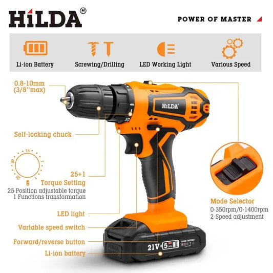 HILDA 12V 16.8V 21V  Drill Electric Screwdriver Mini Wireless Power Driver DC Lithium-Ion Battery Power Tools