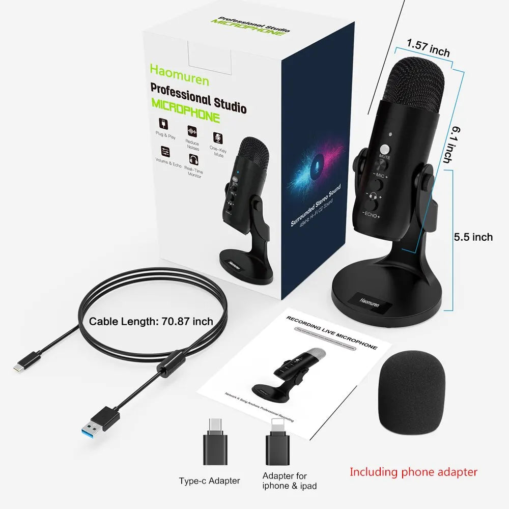Haomuren USB Microphone – Condenser Mic for PC, Mac & Gaming with Phone Adapter and Headphone Output