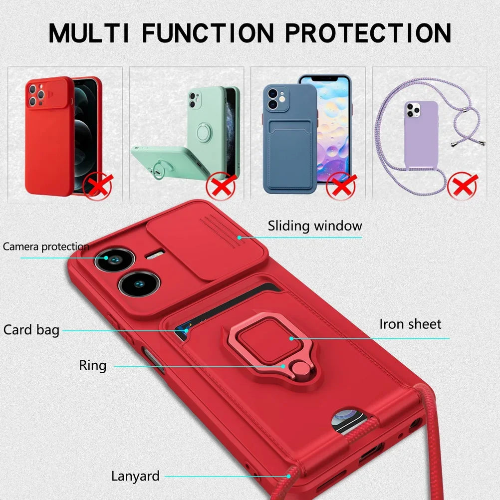 Sliding Camera Protection Case for VIVO Y36 Y27 Y17S Y22S Y35 Y16 Y72 Y53S Y20I Y12S Vehicle Magnetic Bracket Card Wallet Shell