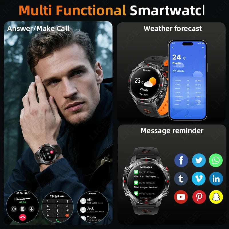 LIGE 2025 New Professional GPS Track Sports Smartwatch Outdoor RIDE Run Compass Altimeter 3ATM Fitness Bracelets 540mAh