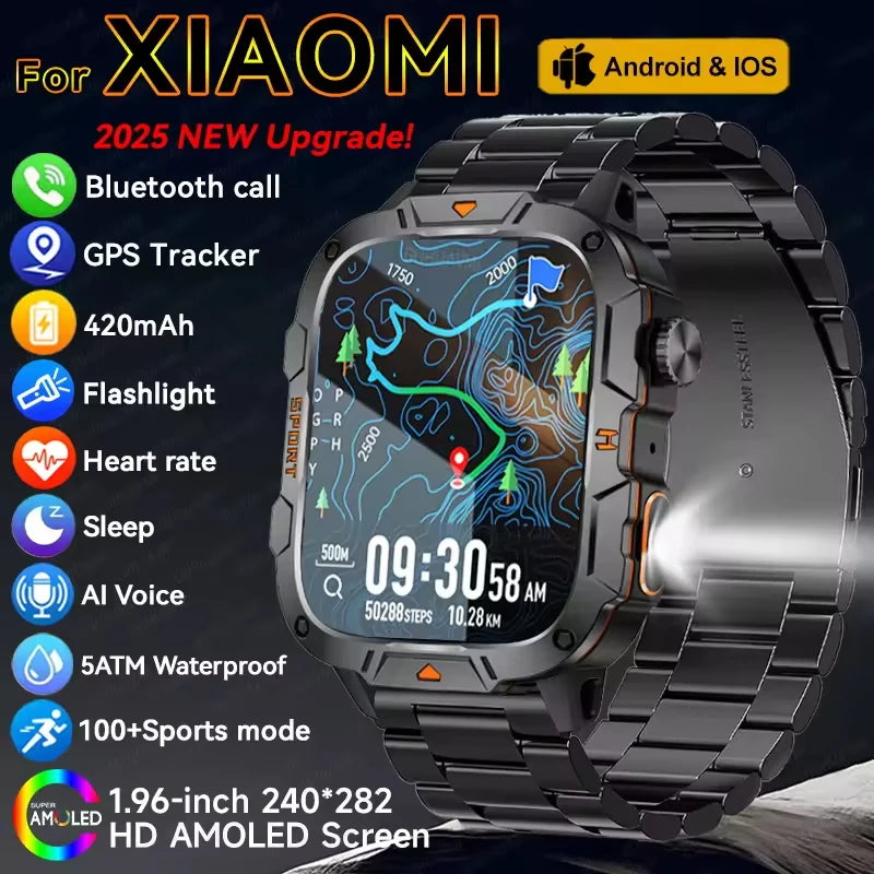 2025 For Xiaomi Outdoor Sports Smart Watch GPS trackr 5ATM Flashlight 1.96" HD Display Screen Bluetooth call Men Fitness