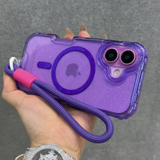 Glitter Transparent Magnetic For Magsafe Case For iPhone 16 15 14 Plus 13 16 Pro Max Wrist Strap Lanyard Shockproof Armor Cover