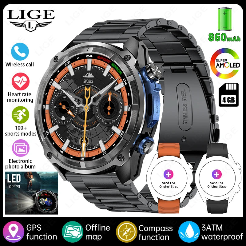LIGE GPS Offline Map Smart Watch 860mAh Outdoor Sports Compass Altimeter 4GB Memory AMOLED Voice Call 3ATM Men Bracelets