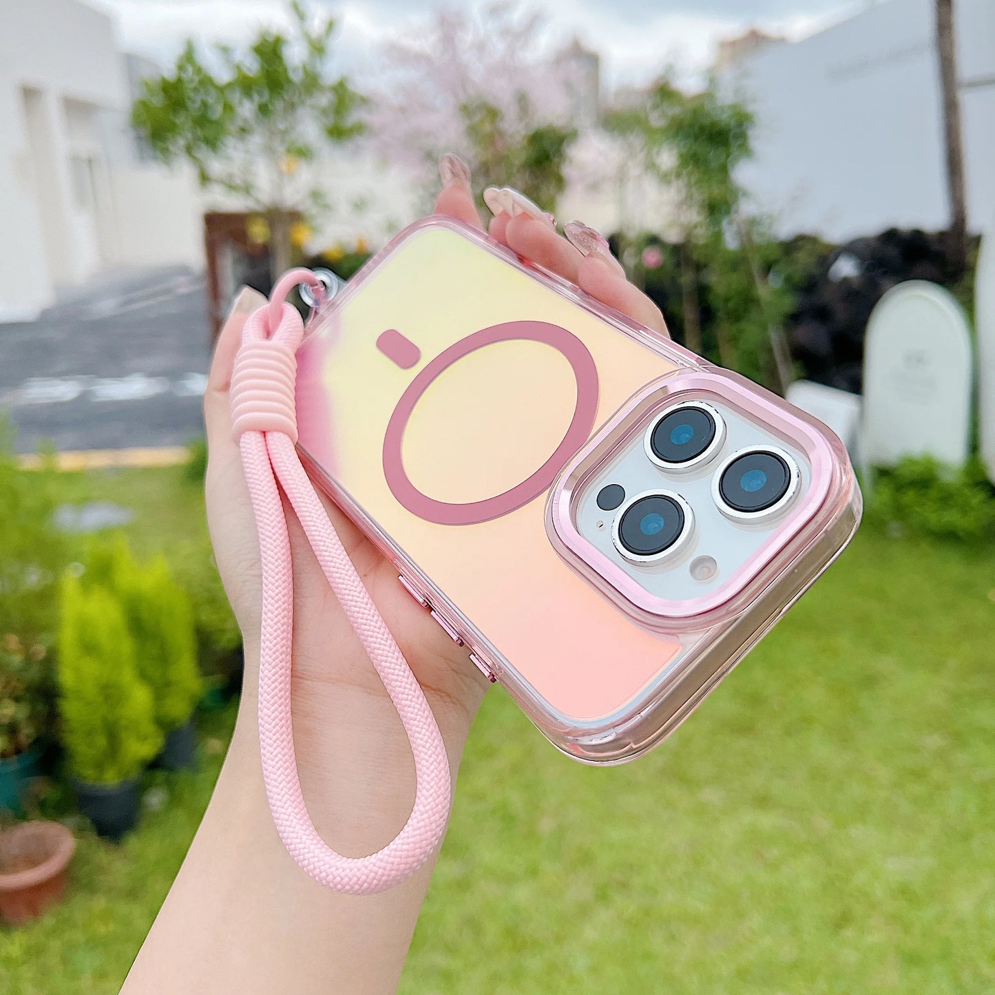 Fashion Laser Gradient Magnetic Lanyard Shockproof Case for iPhone 17 Air 16 15 14 13 11 12 Pro Max Plus E For Magsafe