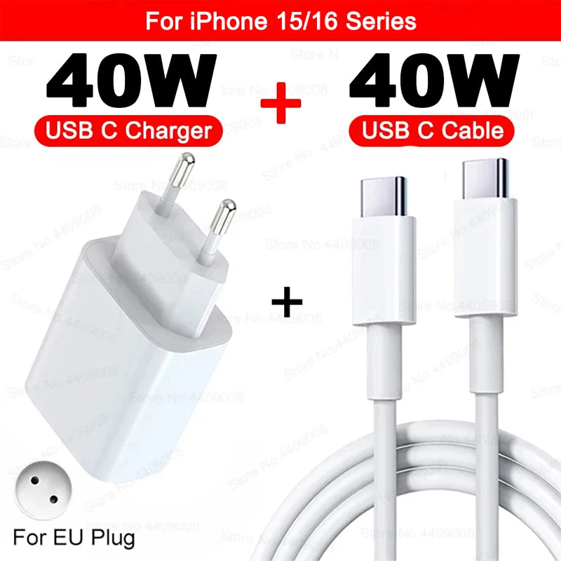 PD 40W Fast Charger For iPhone 11 12 13 14 15 16 Pro Max XR X XS 8 Plus USB C Fast Cable Plug Phone Accessories
