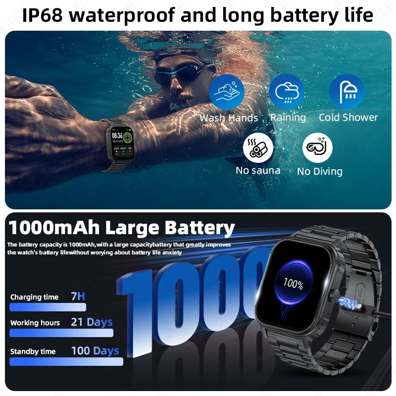 LIGE 2.04" HD Display 2025 New 1000mAh Large Battery Smart Watch Bluetooth Call Health Monitor IP68 Waterproof Sport