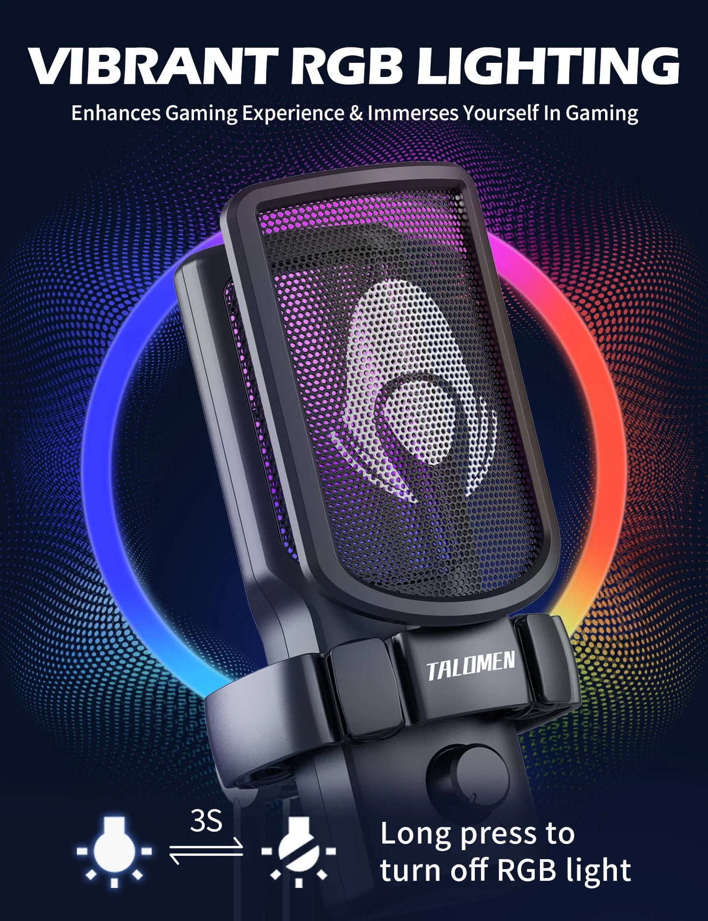 Gaming USB Condenser Microphone – RGB PC Mic with Mute, Gain Knob, Metal Stand & Pop Filter