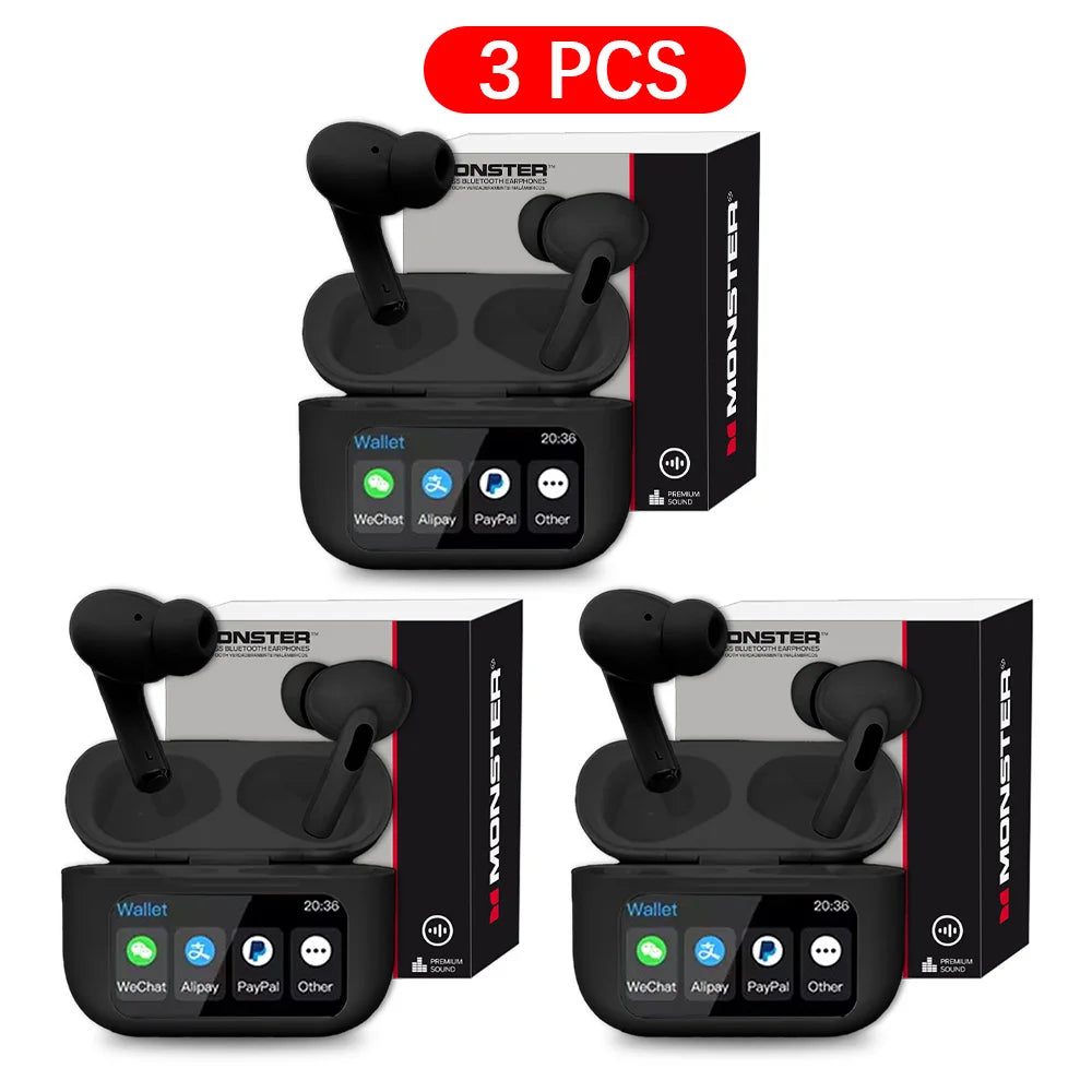 MONSTER Wireless Bluetooth 5.3 Earphones LCD Touch Screen Headphones ANC Noise Reduction Headset Built In HD Mic  Music Earbuds