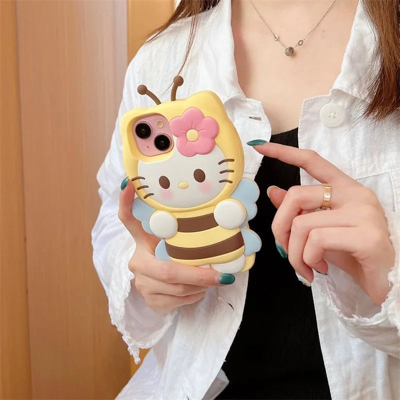 For iPhone 16 Pro Max 11 12 13 Mini 14 15 Plus X XS XR 7 8 SE 2020 Cute Bee Hello Kitty 3D Cartoon Silicone Phone Case Cover