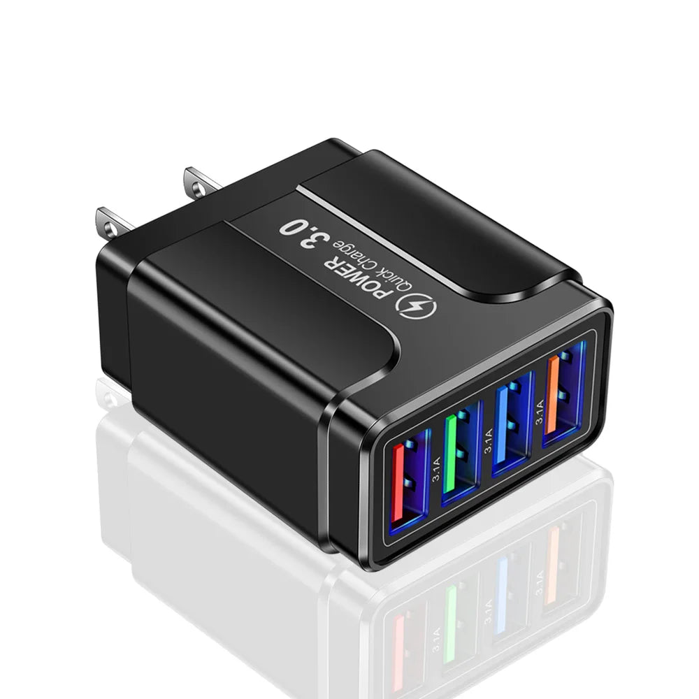 4 Ports Quick Charge 3.0 Wall Fast Charger Micro USB Fast Data Sync x Cable for Samsung Xiaomi Huawei Mobile Phone