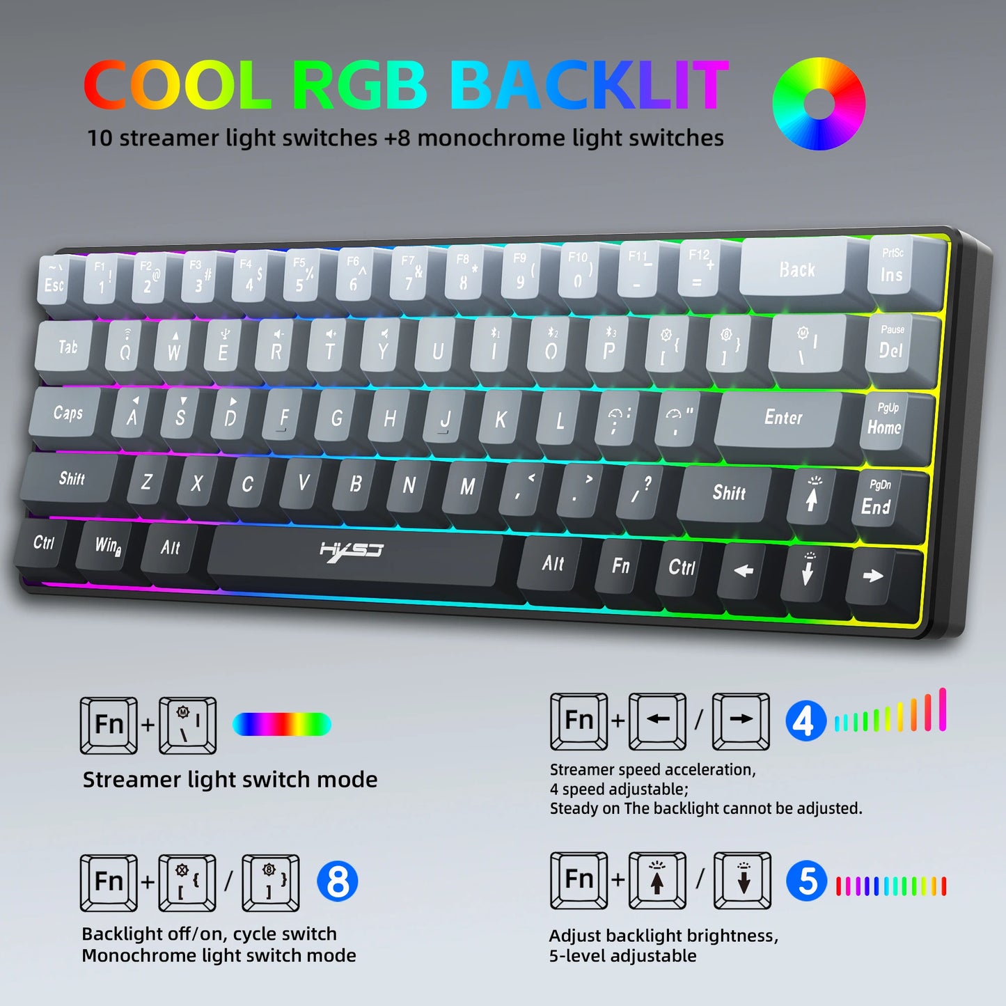 HXSJ-V200 Wireless Gaming Keyboard – 68-Key, 3-Mode (Wired/2.4G/BT), RGB Backlit, 60% Layout