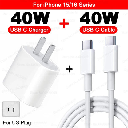 PD 40W Fast Charger For iPhone 11 12 13 14 15 16 Pro Max XR X XS 8 Plus USB C Fast Cable Plug Phone Accessories