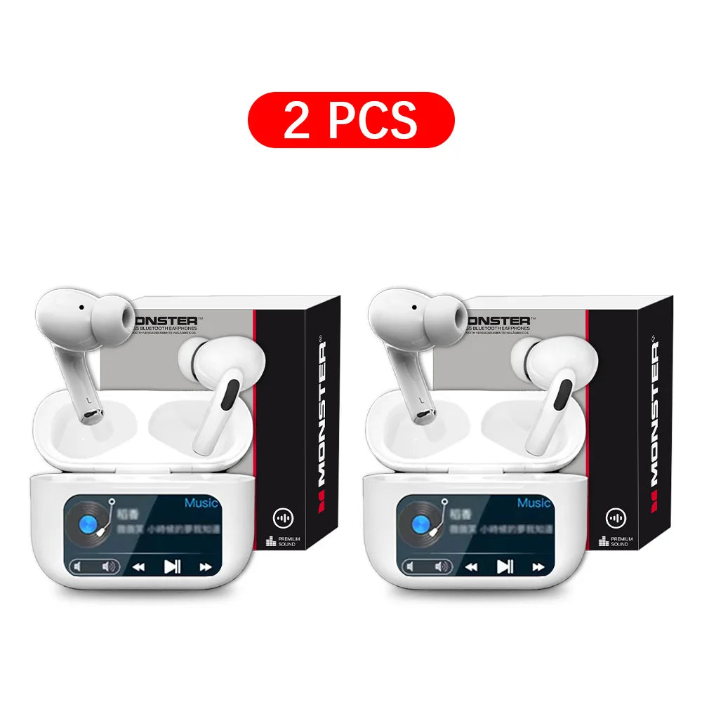 MONSTER Wireless Bluetooth 5.3 Earphones LCD Touch Screen Headphones ANC Noise Reduction Headset Built In HD Mic  Music Earbuds