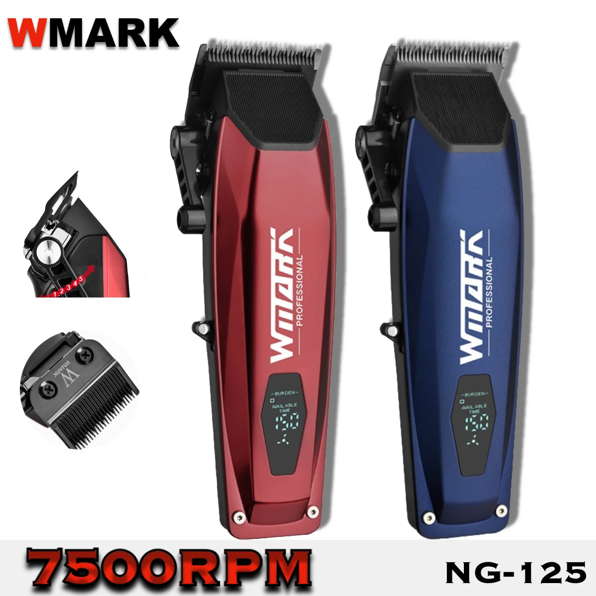 WMARK NG-125 Professional Hair Clipper – 7500RPM, Rotating Motor, 5 Blade Adjustments