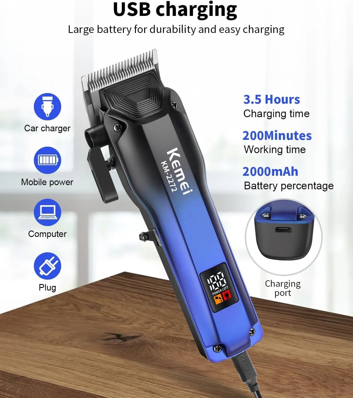 Kemei KM-2272 Professional Hair Clipper – Cordless, Rechargeable, Barber Tool