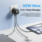 65W GaN USB Charger with Type C Retractable Cable 3 Port QC4.0 PD3.0 PPS for Macbook Laptop iPhone 16 15 14 Xiaomi