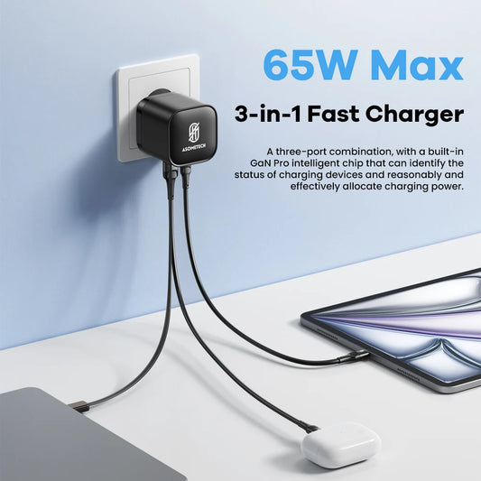 65W GaN USB Charger with Type C Retractable Cable 3 Port QC4.0 PD3.0 PPS for Macbook Laptop iPhone 16 15 14 Xiaomi