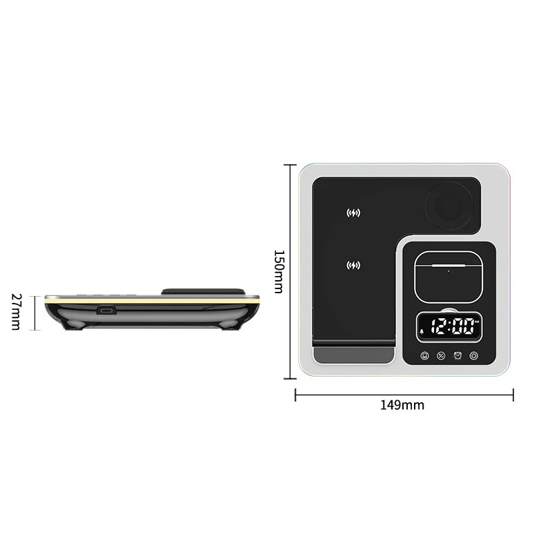 Foldable Wireless Charger Alarm Clock LED Light Dock For Samsung S24 S23 Galaxy Watch 2-7 Active 1 2 Buds Pro Charging Station