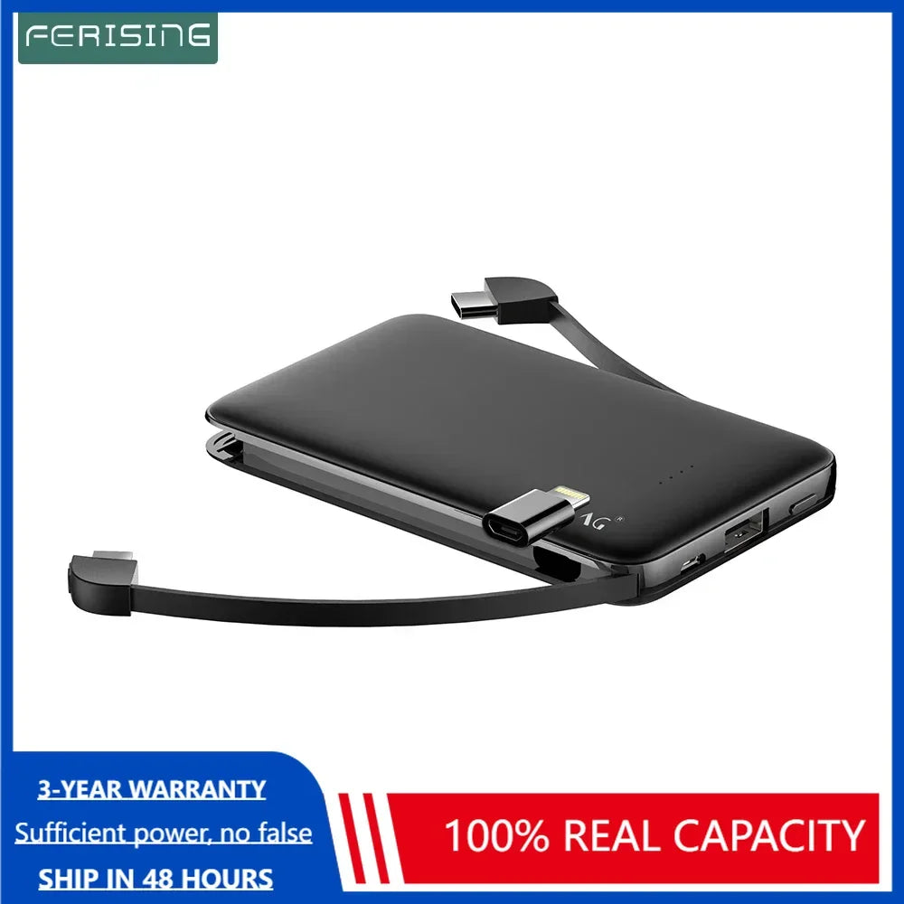 FERISING With Cable Power Bank 5000mAh USB Type C Portable Charger External Battery For iPhone Xiaomi Samsung