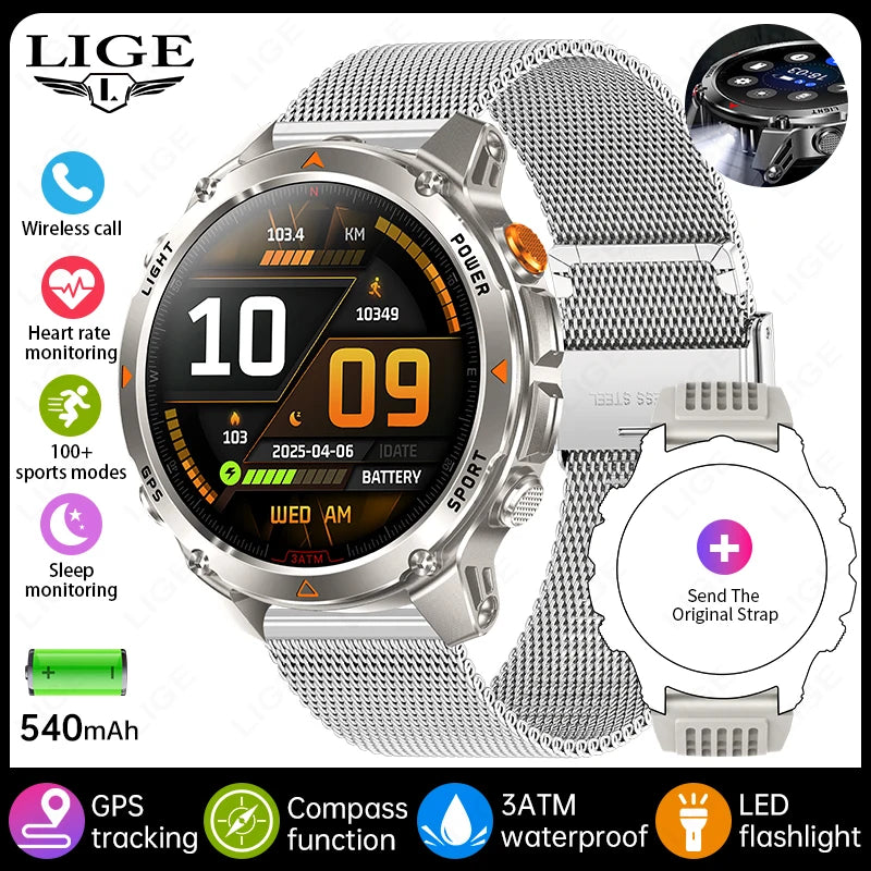 LIGE 2025 New Professional GPS Track Sports Smartwatch Outdoor RIDE Run Compass Altimeter 3ATM Fitness Bracelets 540mAh