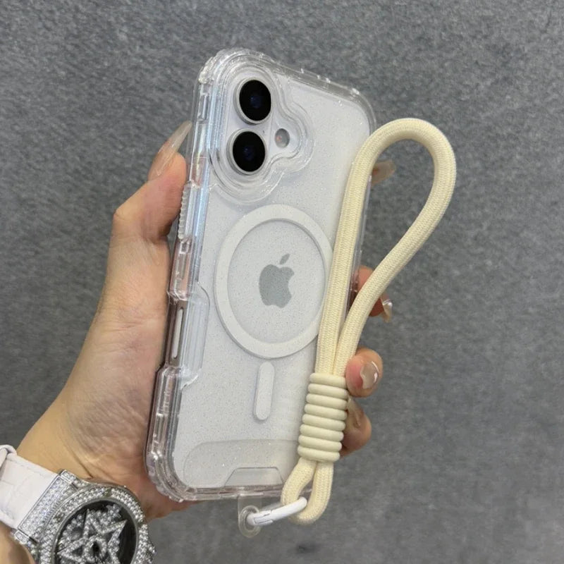 Glitter Transparent Magnetic For Magsafe Case For iPhone 16 15 14 Plus 13 16 Pro Max Wrist Strap Lanyard Shockproof Armor Cover
