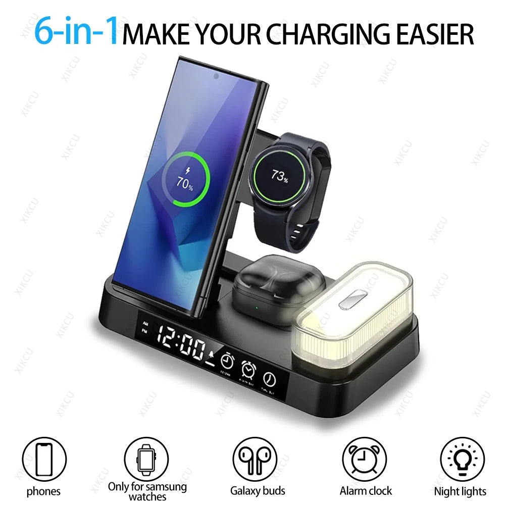 Foldable 6 in 1 Wireless Charger Dock Removable LED Light For Samsung S25 S24 S23 Galaxy Watch 7 6 5 4 Buds Pro 3 Fast
