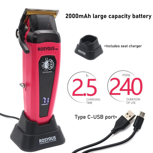 Professional Hair Clipper 106 – Brushless Motor, DLC Blade, LED Display, Base Charger