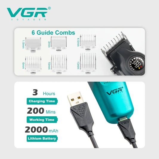 VGR 196 Professional Hair Clipper – DLC Ceramic Blade, LED Display, Cordless USB Hair Trimmer