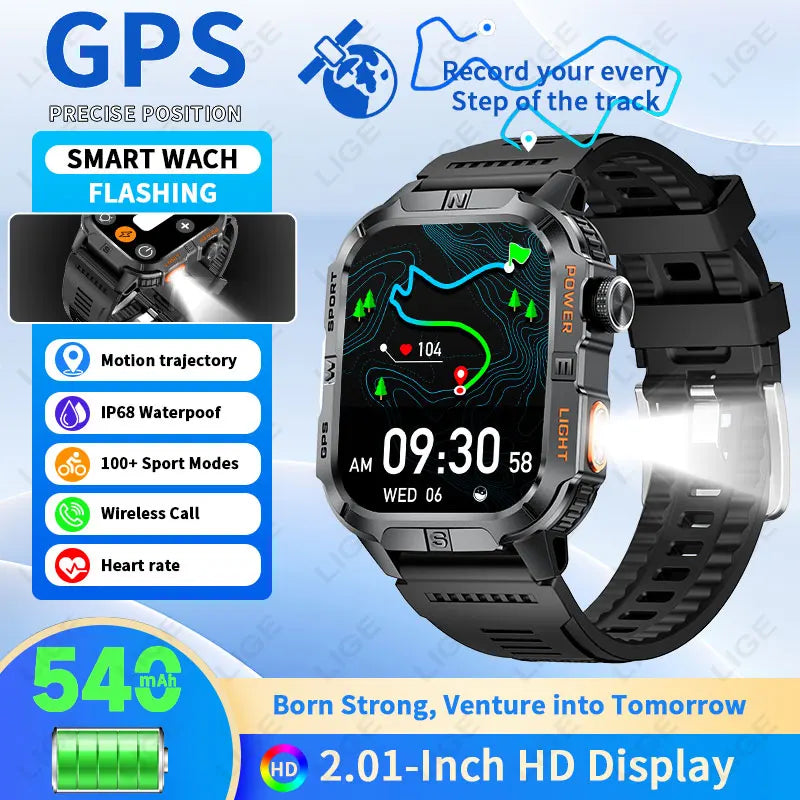 LIGE GPS Positioning Smart Watch Compass Flashlight Outdoor Watches Bluetooth Call 2.01'' Large Screen Waterproof