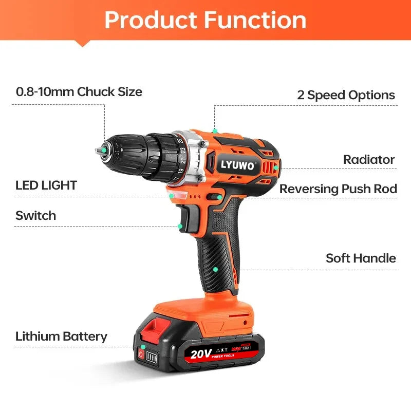 LYUWO 12V/20V Cordless Lithium-Ion Charging Drill – Portable Power Tool