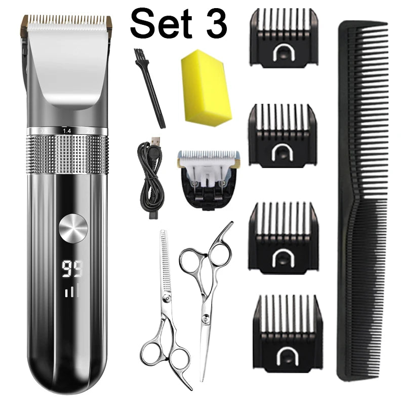 Professional Electric Hair Clipper – Waterproof, LED Display, USB Charging Set