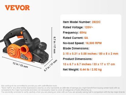 SucceBuy 3-1/4" Electric Hand Planer – 16,500 RPM Woodworking Tool