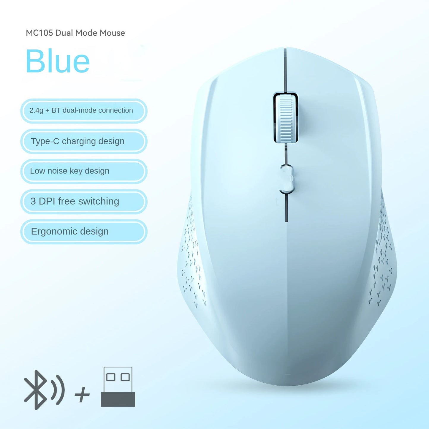 Bluetooth 5.2 Dual-Mode Wireless Mouse – Silent, Rechargeable, 1600DPI for Laptop & PC