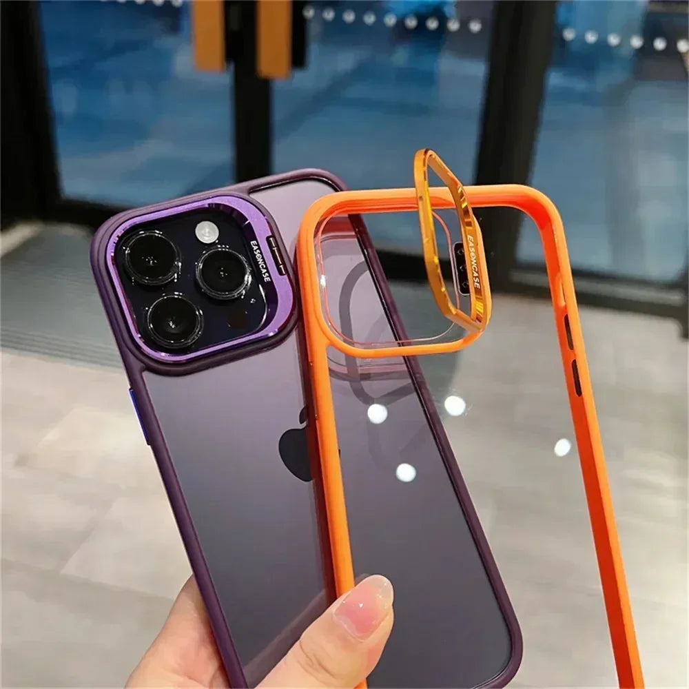 Lens Metal Ring Protector Stand Phone Case For IPhone 17 16 15 14 13 12 Pro Max Camera Glass Lens Protection Transparent Cover