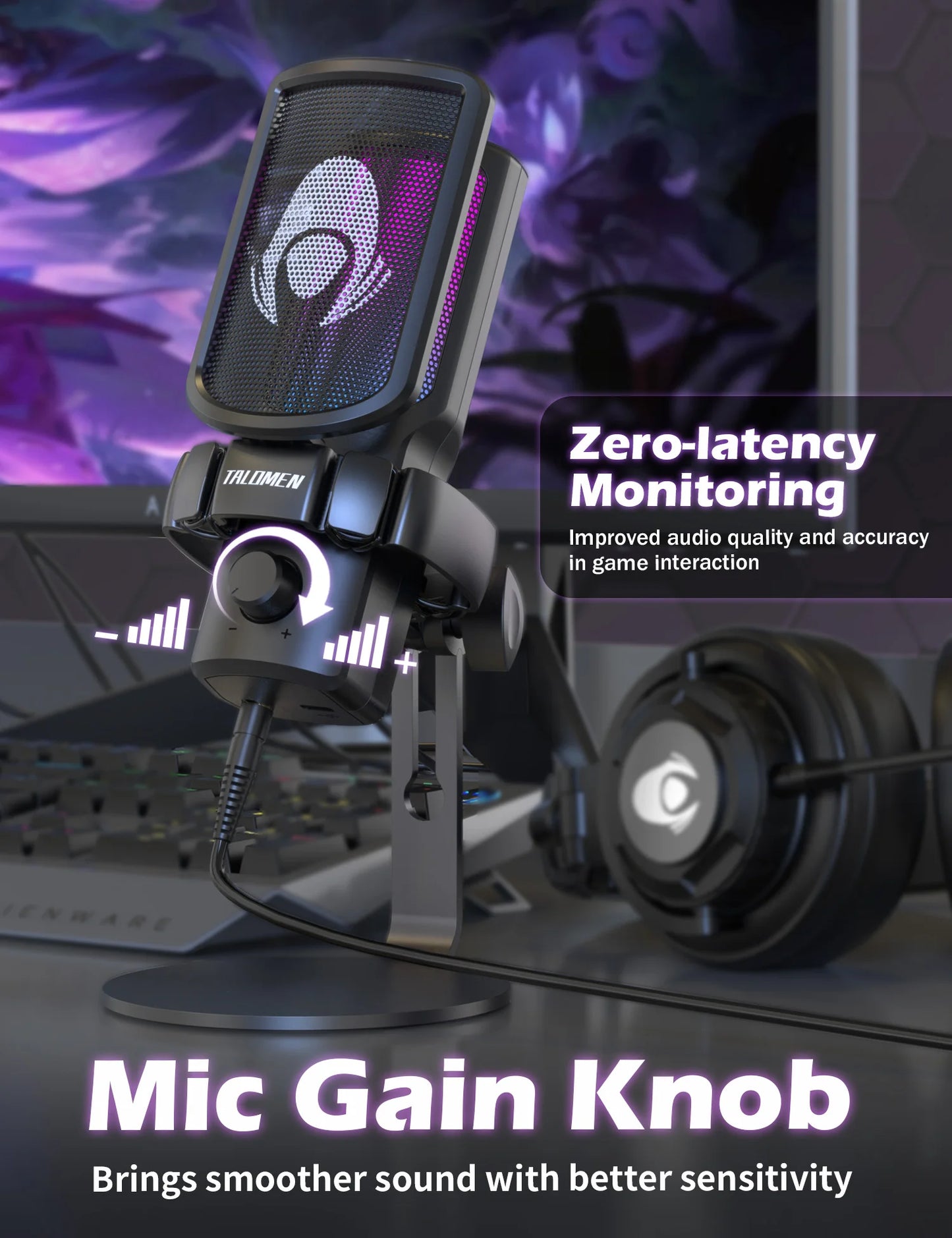 Gaming USB Condenser Microphone – RGB PC Mic with Mute, Gain Knob, Metal Stand & Pop Filter