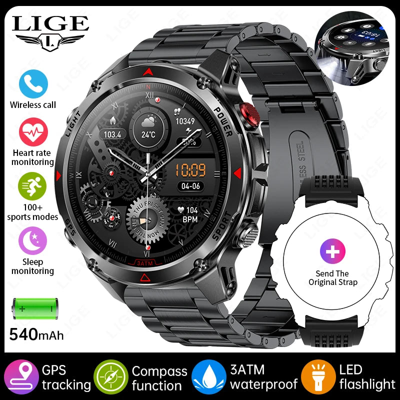 LIGE 2025 New Professional GPS Track Sports Smartwatch Outdoor RIDE Run Compass Altimeter 3ATM Fitness Bracelets 540mAh