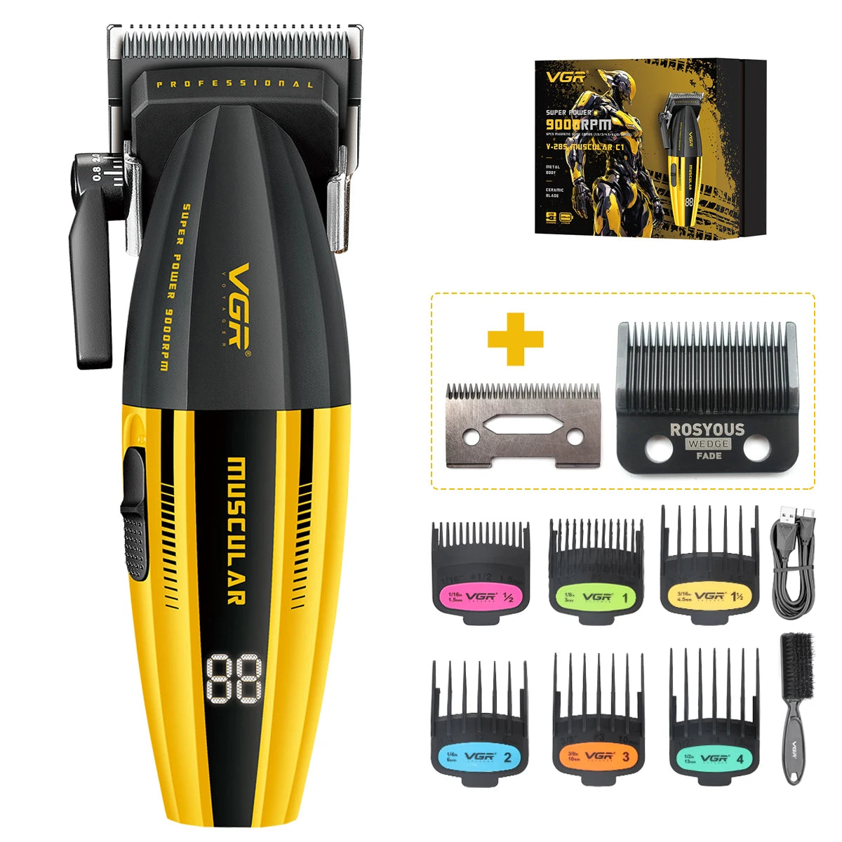 VGR V-285 Professional Hair Clipper – 9000RPM, LED Display, DLC & Ceramic Blade