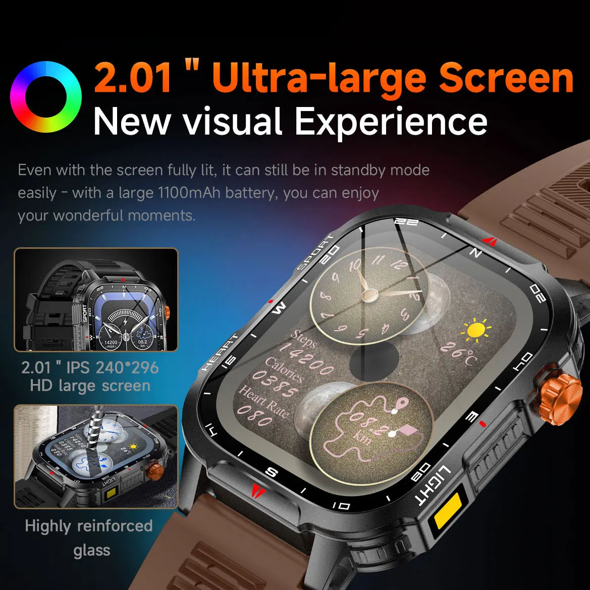 Fanwear men's smart watch Bluetooth call 1100mAh battery 100 days standby time 2.01 inch screen IP68