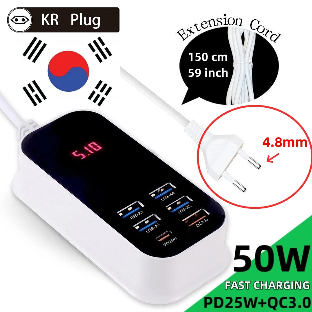 50W Multiple Port USB Fast  Charger PD25W Type C QC3.0 Desktop Wall Power Adapter Phone UK EU US Korea Plug Quick Charge