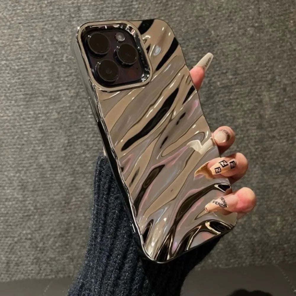 Luxury Plating 3D Wave Pattern Glossy Case For iPhone 16 15 14 13 12 11 17 Pro Max X XS Max XR Plus Fashion Bright Bumper