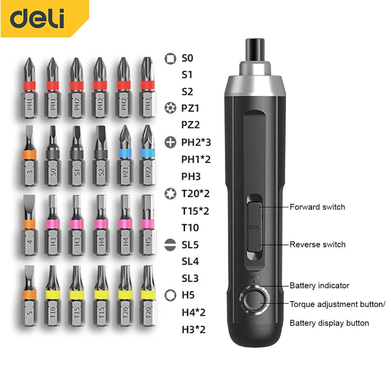 Deli 3.6V Electric Screwdriver – Wireless Rechargeable Lithium Battery Drill with LED Light Tool Set