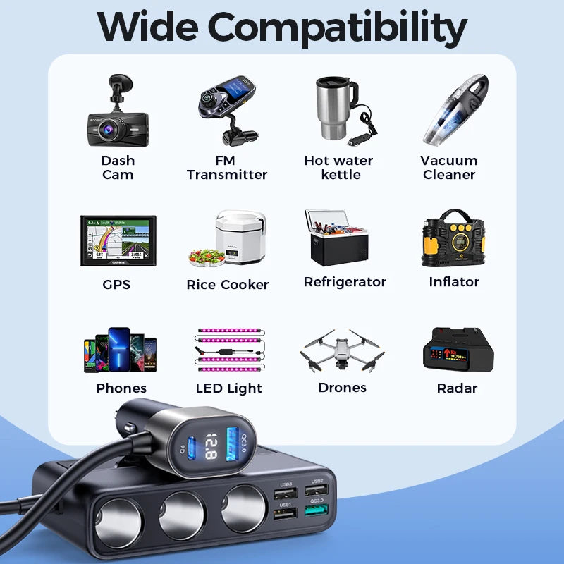 Joyroom 154W 9 in 1 Car Charger Adapter Charge Independent Switches DC Cigarette Outlet PD 3 Socket Cigarette Lighter Splitter